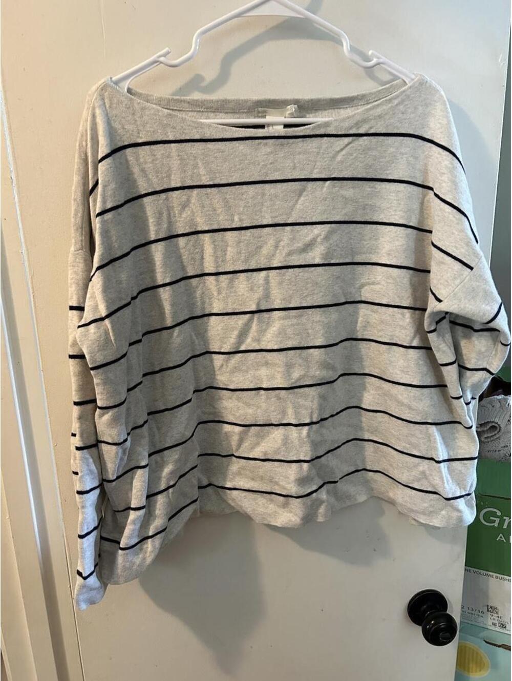 H&M Basic Gray & black horizontal striped off the shoulder top in a L